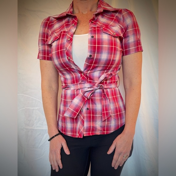 Uno Core Pink & Purple Plaid Short Sleeve Shirt with Pearl Snap Buttons & Tie - Picture 2 of 7